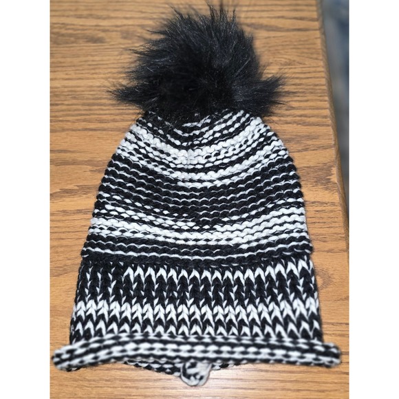 Lizette New York Accessories - Lizette New York‎ Black White Striped Knit Beanie Hat with Faux Fur Pom Pom